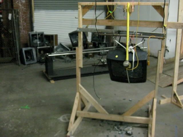 The portion of the Rube Goldberg machine that smashes a television with a sledgehammer. Photo by Brent Bushnell The portion of the Rube Goldberg machine that smashes a television with a sledgehammer. Photo by Brent Bushnell