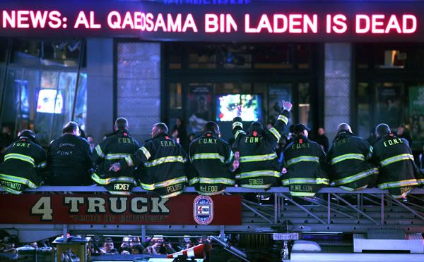FDNY Firefighters Watch News of Osama Bin Laden death in Times Square