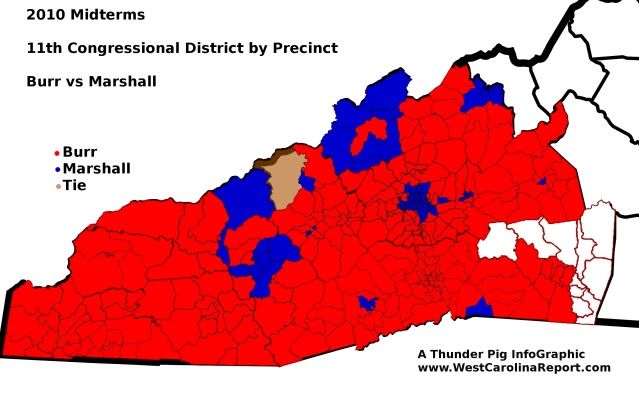 Senator Richard Burr vs Elaine Marshall in the 11th Congressional district by Precinct 
InfoGraphic by bobby Coggins
