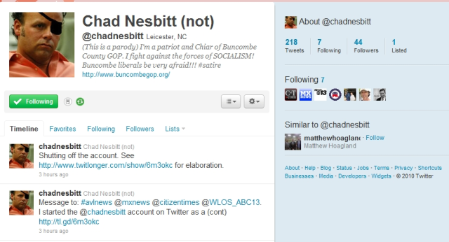 Screen cap of fake Chad Nesbitt Twitter Account