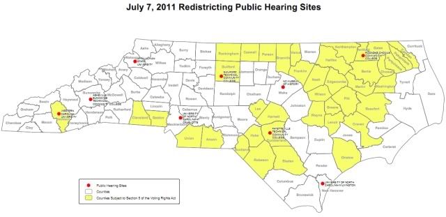 Locations of public hearings on redistricting in North Carolina today
