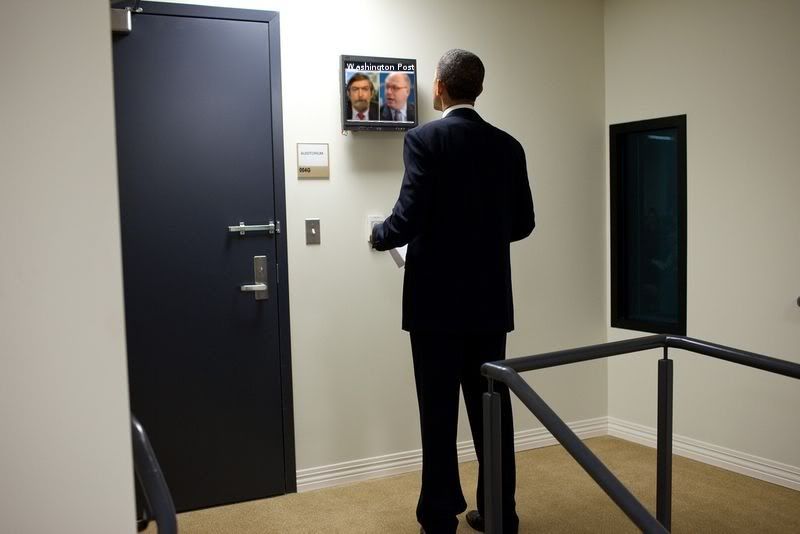 President Obama watches as Douglas E Schoen and Patrick H Caddell say that he should not seek a second term in 2012 
Photoshoppped by Bobby Coggins