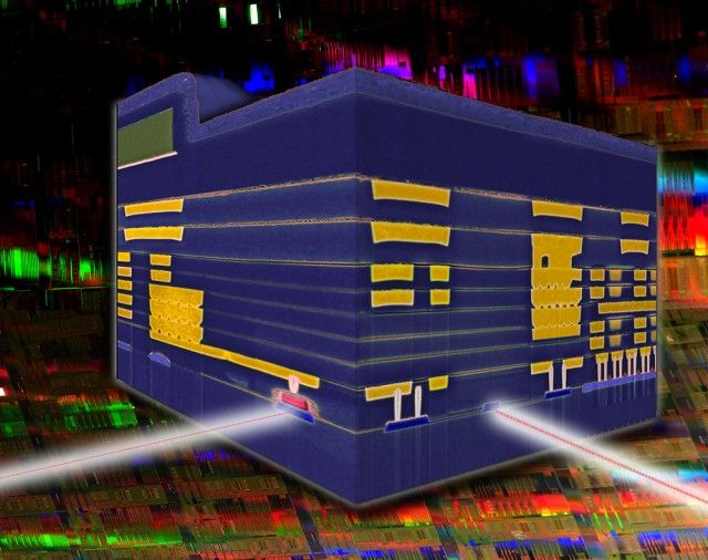 IBM's silicon nanophotonic modulator/photodetector chip, with integrated electrical components