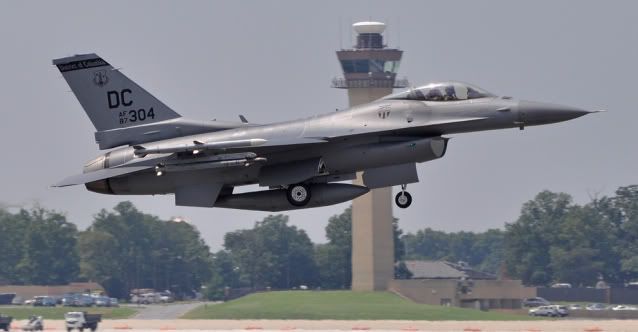 An F16 from the 121st Squadron of the 113th Air Wing of the DC National Guard otherwise known as The Capitol Guardians takes off from Andrews Air Force Base near Washington DC