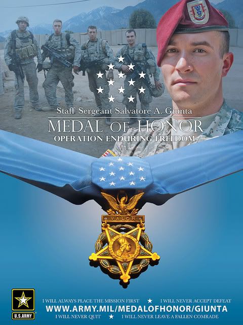Staff Sgt Salvatore Giunta will receive the Medal of Honor from President Barack Obama during a 2 pm ceremony at the White House today 
Poster by US Army