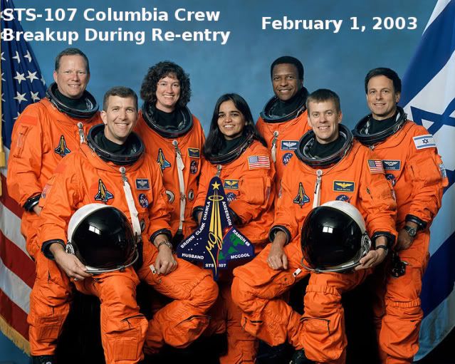 The Crew of the Columbia 
Seated in front are astronauts Rick D. Husband on the left, mission commander, Kalpana Chawla, mission specialist, and William C. McCool, pilot. Standing are, from the left, astronauts David M. Brown, Laurel B. Clark, and Michael P. Anderson, all mission specialists, and Ilan Ramon, payload specialist representing the Israeli Space Agency.