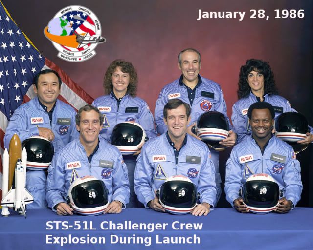 The crew of the Challenger
Back row L to R  Ellison Onizuka, Christa McAuliffe, Gregory Jarvis, Judith Resnik 
Front row L to R Michael J Smith, Francis Dick Scobee, Ronald McNair