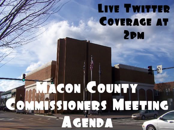 Macon County Commissioners meeting coverage announcement. Graphics and Photo by Bobby Coggins