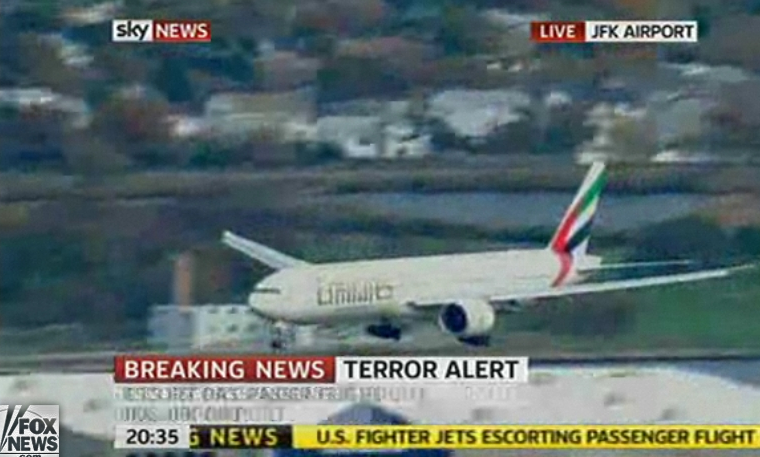 United Arab Emirates Flight 201 lands at JFK in New York after being escorted by two F-15s