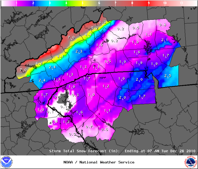 Initial Snow Depth Forecast on Christmas Eve Courtesy of the Greenville Office of the National Weather Service