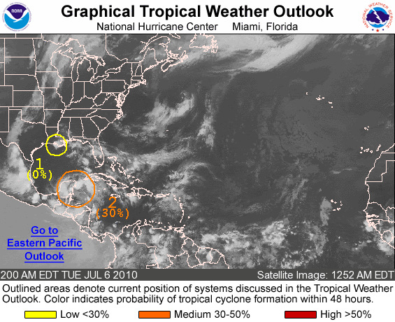The Graphical Weather Outlook for the Atlantic Basin on July 6, 2010. Image Courtesy of the National Hurricane Center. The Graphical Weather Outlook for the Atlantic Basin on July 6, 2010. Image Courtesy of the National Hurricane Center.