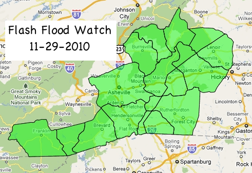 Areas covered by the Flash Flood Watch issued by the National Weather Service in WNC