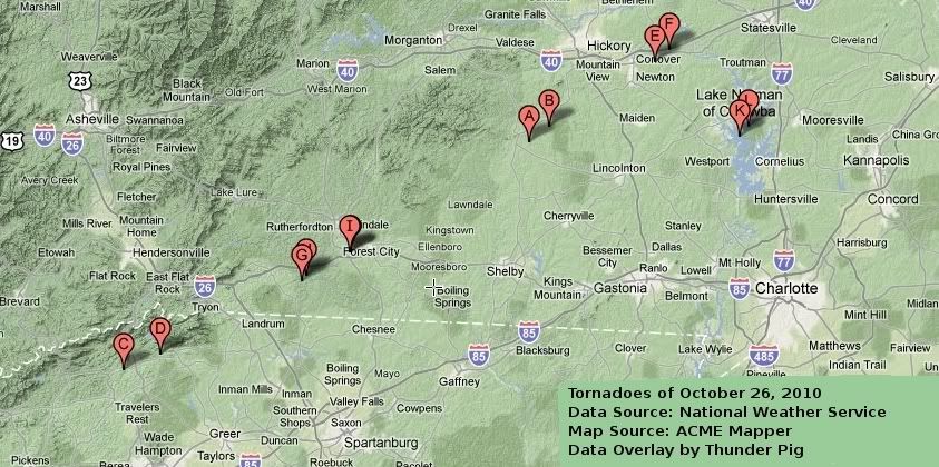 Map Graphic showing the paths of the six tornadoes that hit the western Carolinas on October 26, 2010 using data supplied by the Greenville-Spartanburg Office of the National Weather Service and the ACME Mapper provided by ACME Laboratories
Data overlay by Bobby Coggins