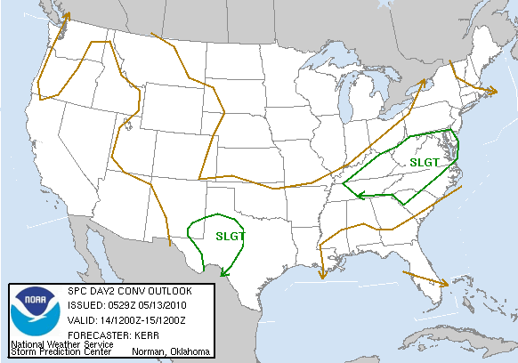 Storm Prediction Center graphic indicating a slight chance of severe thunderstorms in the Tennessee Valley and along the Appalachian Mountains on Friday, May 14, 2010.