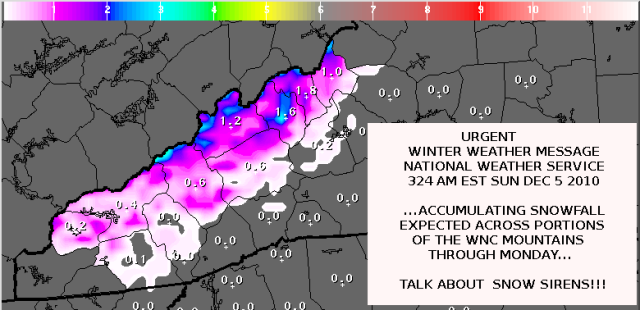 Cropped Photo of the NWS Graphic indicating Storm Total Snow Forecast in inches by Monday morning 
Graphic by the National Weather Service