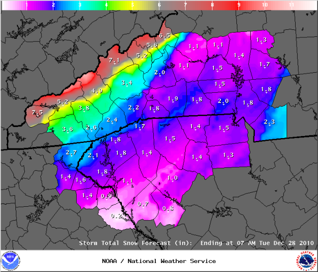 Second Snow Depth Forecast on Christmas Eve Courtesy of the Greenville Office of the National Weather Service