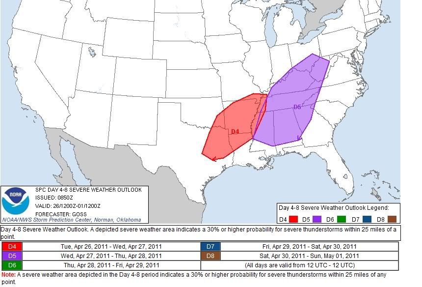 Day 4-8 Severe Weather Outlook Issued on Apr 23, 2011 by the NOAA Storm Prediction Center