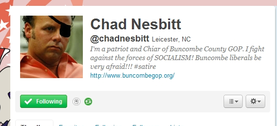 Screen Capture of the fake Twitter Account set up by local progressives to mock Chad Nesbitt