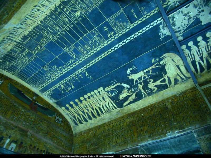A picture of a portion of the ceiling from Seti I's tomb in the Valley of the Kings.  This particular area shows the hours of the night, where stars are featured prominently.
