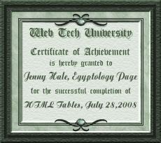 Certificate of Completion from Web Tech University, HTML Tables, July 28, 2008