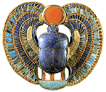 One of the heart scarabs found in Tutankhamun's tomb, representing in images the Horus Name of said king, Neb-Kheper-Re.  According to the Egyptians, the scarab beetle represented rebirth and the morning sun.