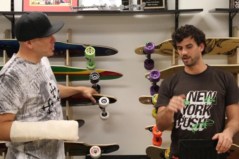 Mike from Bustin Boards, Rob from Labeda Mike and Rob talking wheels at the Labeda factory.