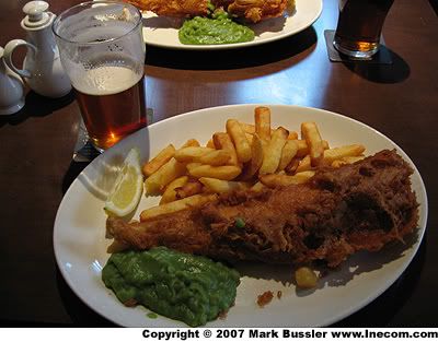 Fish and chips with mushy peas in York, England